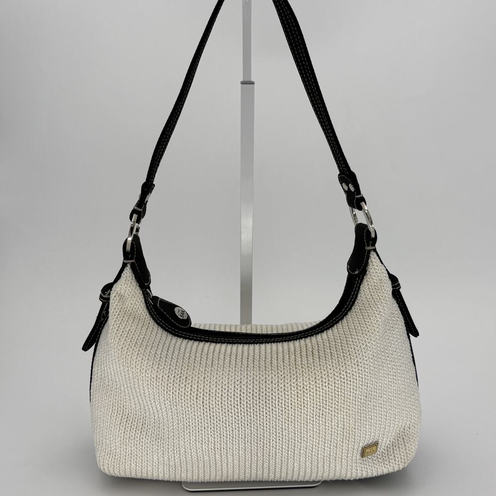 The Sak Vintage Cream Crochet Hobo Bag Black Canvas Trim Y2K Floral Lined